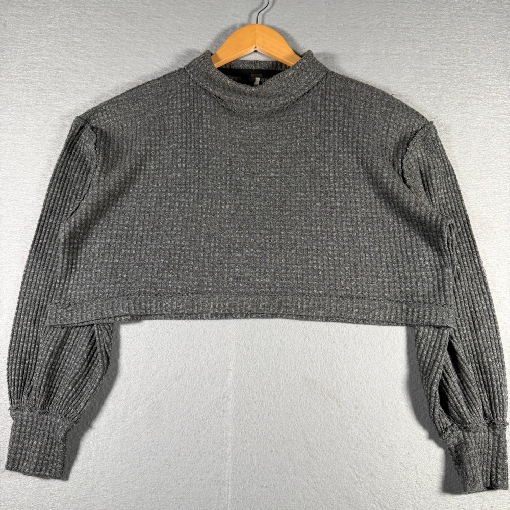 Free‎ People Womens Charcoal Grey Waffle Knit Cropped Thermal Mock Neck Top S
